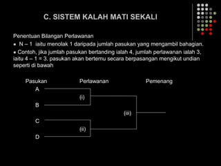 C. SISTEM KALAH MATI SEKALI
Penentuan Bilangan Perlawanan
 N – 1 iaitu menolak 1 daripada jumlah pasukan yang mengambil bahagian.
 Contoh, jika jumlah pasukan bertanding ialah 4, jumlah perlawanan ialah 3,
iaitu 4 – 1 = 3. pasukan akan bertemu secara berpasangan mengikut undian
seperti di bawah
Pasukan Perlawanan Pemenang
A
(i)
B
(iii)
C
(ii)
D
 