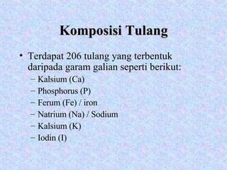 Komposisi Tulang Terdapat 206 tulang yang terbentuk daripada garam galian seperti berikut: Kalsium (Ca) Phosphorus (P) Ferum (Fe) / iron Natrium (Na) / Sodium Kalsium (K) Iodin (I) 