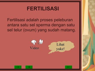 FERTILISASI
Fertilisasi adalah proses peleburan
antara satu sel sperma dengan satu
sel telur (ovum) yang sudah matang.
VideoVideo
LihatLihat
yukz!yukz!
 