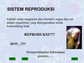 SISTEM REPRODUKSI
Adalah suatu rangkaian dan interaksi organ dan zat
dalam organisme yang dipergunakan untuk
berkembang biak.
REPRODUKSI???REPRODUKSI???
WHY,,,???WHY,,,???
Mempertahankan keberadaanMempertahankan keberadaan
jenisnya…..jenisnya…..
 