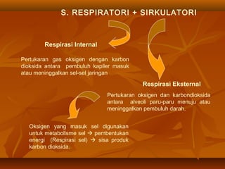 S. RESPIRATORI + SIRKULATORI
Pertukaran oksigen dan karbondioksida
antara alveoli paru-paru menuju atau
meninggalkan pembuluh darah.
Respirasi Internal
Respirasi Eksternal
Pertukaran gas oksigen dengan karbon
dioksida antara pembuluh kapiler masuk
atau meninggalkan sel-sel jaringan
Oksigen yang masuk sel digunakan
untuk metabolisme sel  pembentukan
energi (Respirasi sel)  sisa produk
karbon dioksida.
 