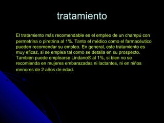 tratamientotratamiento
El tratamiento más recomendable es el empleo de un champú conEl tratamiento más recomendable es el empleo de un champú con
permetrina o piretrina al 1%. Tanto el médico como el farmacéuticopermetrina o piretrina al 1%. Tanto el médico como el farmacéutico
pueden recomendar su empleo. En general, este tratamiento espueden recomendar su empleo. En general, este tratamiento es
muy eficaz, si se emplea tal como se detalla en su prospecto.muy eficaz, si se emplea tal como se detalla en su prospecto.
También puede emplearse Lindano® al 1%, si bien no seTambién puede emplearse Lindano® al 1%, si bien no se
recomienda en mujeres embarazadas ni lactantes, ni en niñosrecomienda en mujeres embarazadas ni lactantes, ni en niños
menores de 2 años de edad.menores de 2 años de edad.
 
