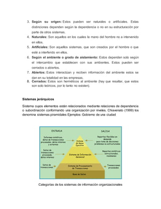 3. Según su origen: Estos pueden ser naturales o artificiales. Estas
distinciones dependen según la dependencia o no en su estructuración por
parte de otros sistemas.
4. Naturales: Son aquellos en los cuales la mano del hombre no a intervenido
en ellos.
5. Artificiales: Son aquellos sistemas, que son creados por el hombre o que
esté a interferido en ellos.
6. Según el ambiente o grado de aislamiento: Estos dependen solo según
el intercambio que establecen con sus ambientes. Estos pueden ser
cerrados o abiertos.
7. Abiertos: Estos interactúan y reciben información del ambiente estos se
dan en su totalidad en las empresas.
8. Cerrados: Estos son herméticos al ambiente (hay que resaltar, que estos
son solo teóricos, por lo tanto no existen).
Sistemas jerárquicos
Sistema cuyos elementos están relacionados mediante relaciones de dependencia
o subordinación conformando una organización por niveles. Chiavenato (1999) los
denomina sistemas piramidales Ejemplos: Gobierno de una ciudad
Categorías de los sistemas de información organizacionales
 