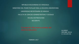 REPUBLICA BOLIVARIANA DE VENEZUELA
MINISTERIO DEL PODER PUPULAR PARA LA EDUCION UNIVERSITARIA
UNIVERSIDAD BICENTENARIA DE ARAGUA
FACULTA DE CIENCIAS ADMINISTRATIVAS Y SOCIALES
ESCUELA DE PSICOLOGIA
SECCION P1
ALUMNO:
DIOCIBEL SILVA
C.V 26.329.336
FEBRERO 2017
Concepción Reconstruccionista del
sistema educativo
 