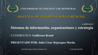 UNIVERSIDAD TECNOLÓGICA DE HONDURASUNIVERSIDAD TECNOLÓGICA DE HONDURAS
SISTEMAS DE INFORMACIÓN GERENCIALSISTEMAS DE INFORMACIÓN GERENCIAL
CAPITULO 3
Sistemas de información, organizaciones y estrategia
CATEDRÁTICO: Guillermo Brand
PRESENTADO POR: Julio César Bojorquez Morán
San Pedro Sula, Cortés, Honduras, CA 14 de Abril del 2018
 