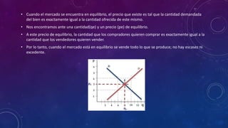 • Cuando el mercado se encuentra en equilibrio, el precio que existe es tal que la cantidad demandada
del bien es exactamente igual a la cantidad ofrecida de este mismo.
• Nos encontramos ante una cantidad(qe) y un precio (pe) de equilibrio.
• A este precio de equilibrio, la cantidad que los compradores quieren comprar es exactamente igual a la
cantidad que los vendedores quieren vender.
• Por lo tanto, cuando el mercado está en equilibrio se vende todo lo que se produce; no hay escasez ni
excedente.
 