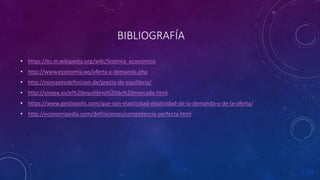BIBLIOGRAFÍA
• https://es.m.wikipedia.org/wiki/Sistema_económico
• http://www.economia.ws/oferta-y-demanda.php
• http://conceptodefinicion.de/precio-de-equilibrio/
• http://yirepa.es/el%20equilibrio%20de%20mercado.html
• https://www.gestiopolis.com/que-son-elasticidad-elasticidad-de-la-demanda-y-de-la-oferta/
• http://economipedia.com/definiciones/competencia-perfecta.html
 