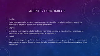 AGENTES ECONÓMICOS
• Familia:
• Factor que desempeña un papel importante como consumidor y productor de bienes y servicios,
brindan a las empresas los llamados factores productivos.
• Emprea:
• La empresa es el mayor productor de bienes y servicios, adquiere la materia prima y se encarga de
transformarla, para posteriormente distribuirla al consumidor.
• Estado:
• El estado se encarga de regular la actividad económica, además de proporcionar factores productivos a
las empresas, se encarga de cobrar impuestos a los otros agentes con el fin de brindar nuevos servicios
a los demás.
 