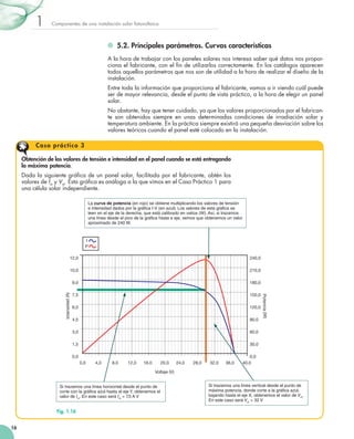 1

Componentes de una instalación solar fotovoltaica

	 5.2. Principales parámetros. Curvas características
A la hora de trabajar con los paneles solares nos interesa saber qué datos nos proporciona el fabricante, con el fin de utilizarlos correctamente. En los catálogos aparecen
todos aquellos parámetros que nos son de utilidad a la hora de realizar el diseño de la
instalación.
Entre toda la información que proporciona el fabricante, vamos a ir viendo cuál puede
ser de mayor relevancia, desde el punto de vista práctico, a la hora de elegir un panel
solar.
No obstante, hay que tener cuidado, ya que los valores proporcionados por el fabricante son obtenidos siempre en unas determinadas condiciones de irradiación solar y
temperatura ambiente. En la práctica siempre existirá una pequeña desviación sobre los
valores teóricos cuando el panel esté colocado en la instalación.

Caso prácti co 3
Obtención de los valores de tensión e intensidad en el panel cuando se está entregando
la máxima potencia.
Dada la siguiente gráfica de un panel solar, facilitada por el fabricante, obtén los
valores de Im y Vm. Esta gráfica es análoga a la que vimos en el Caso Práctico 1 para
una célula solar independiente.
La curva de potencia (en rojo) se obtiene multiplicando los valores de tensión
e intensidad dados por la gráfica I-V (en azul). Los valores de esta gráfica se
leen en el eje de la derecha, que está calibrado en vatios (W). Así, si trazamos
una línea desde el pico de la gráfica hasta e eje, vemos que obtenemos un valor
aproximado de 240 W.

I
P

10,0

210,0

9,0

180,0

7,5

150,0

6,0

120,0

4,5

90,0

3,0

60,0

1,5

30,0

Intensidad (A)

240,0

0,0
0,0

4,0

8,0

12,0

16,0

20,0

24,0

28,0

32,0

36,0

Potencia (W)

12,0

0,0
40,0

Voltaje (V)
Si trazamos una línea horizontal desde el punto de
corte con la gráfica azul hasta el eje Y, obtenemos el
valor de Im. En este caso será Im = 7,5 A V

Fig. 1.16
16

Si trazamos una línea vertical desde el punto de
máxima potencia, donde corte a la gráfica azul,
bajando hasta el eje X, obtenemos el valor de Vm.
En este caso será Vm = 32 V

 