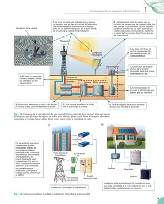 Componentes	de	una	instalación	solar	fotovoltaica

1. La torre principal está rodeada por un campo
de espejos, que reciben el nombre de heliostatos.
Son los encargados de concentrar la energía
solar en un determinado punto de la torre, donde
se encuentra la caldera de la instalación

Ubicación de la caldera

1

2. Los heliostatos están formados por un
conjunto de espejos que se mueven sobre dos
ejes, con el fin de mantener en una pequeña
superficie el reflejo de los rayos solares que
inciden sobre ellos, eliminando de esa forma
el efecto del movimiento de la Tierra durante
las horas de sol

Receptor

3. La zona con línea de
puntos es equivalente a
una central térmica de
combustible fósil

Campo de
heliostatos

Transformador

9. El fluido frío asciende
hasta el receptor, donde
es calentado por los
rayos solares

Tanques de
almacenamiento
de sodio
Caldera Motor de vapor

4. Se encarga de adaptar
el nivel de la tensión
producida, para que pueda
conectarse a la red

Generador
5. Es el encargado de
producir la electricidad que
pasará a la red eléctrica

8. Sirven para almacenar el calor, a fin de que
la central pueda funcionar también de noche

7. En la caldera se calienta el fluido
con el que trabaja la central

6. Es el encargado de producir el vapor
de agua que moverá el generador

Fig. 1.2. Esquema de la constitución de una central térmica solar de torre central. Una vez que el
ﬂuido pasa por el motor de vapor, se enfría y es elevado (línea azul) hasta el receptor, donde es
calentado y enviado hacia abajo (línea roja), para volver a completar el ciclo.
b)

a)

Inversores
En los edificios que tienen
instalaciones solares
conectadas a la red, la
energía producida por
ellas que no es consumida
directamente, sino vendida
a la red eléctrica al
precio fijado para tales
instalaciones. Por eso en
estas instalaciones siempre
aparecen dos contadores:
uno para la energía
producida, y otro para la
energía que se consume en
el edificio

Vidrio laminado
fotovoltaico

3V 6V 12V 12V

Contadores

–+ – +–+
Inversor

Red eléctrica
convencional

Cuadro
de protecciones

Instalación conectada a la red eléctrica

Regulador

Batería
Instalación solar autosuficiente: la vivienda no tiene
que estar conectada a la red, produciendo por sí sola
la electricidad necesaria para su consumo

Fig. 1.3. Sistema conectado a red (a) e instalación fotovoltaica autónoma (b).
9

 