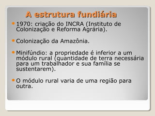 A estrutura fundiáriaA estrutura fundiária
1970: criação do INCRA (Instituto de
Colonização e Reforma Agrária).
Colonização da Amazônia.
Minifúndio: a propriedade é inferior a um
módulo rural (quantidade de terra necessária
para um trabalhador e sua família se
sustentarem).
O módulo rural varia de uma região para
outra.
 