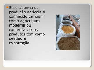 Esse sistema de
produção agrícola é
conhecido também
como agricultura
moderna ou
comercial; seus
produtos têm como
destino a
exportação
 
