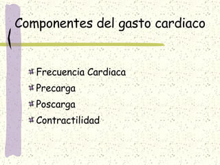 Componentes del gasto cardiaco Frecuencia Cardiaca Precarga Poscarga Contractilidad 