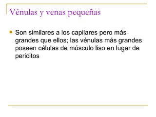 Vénulas y venas pequeñas Son similares a los capilares pero más grandes que ellos; las vénulas más grandes poseen células de músculo liso en lugar de pericitos 