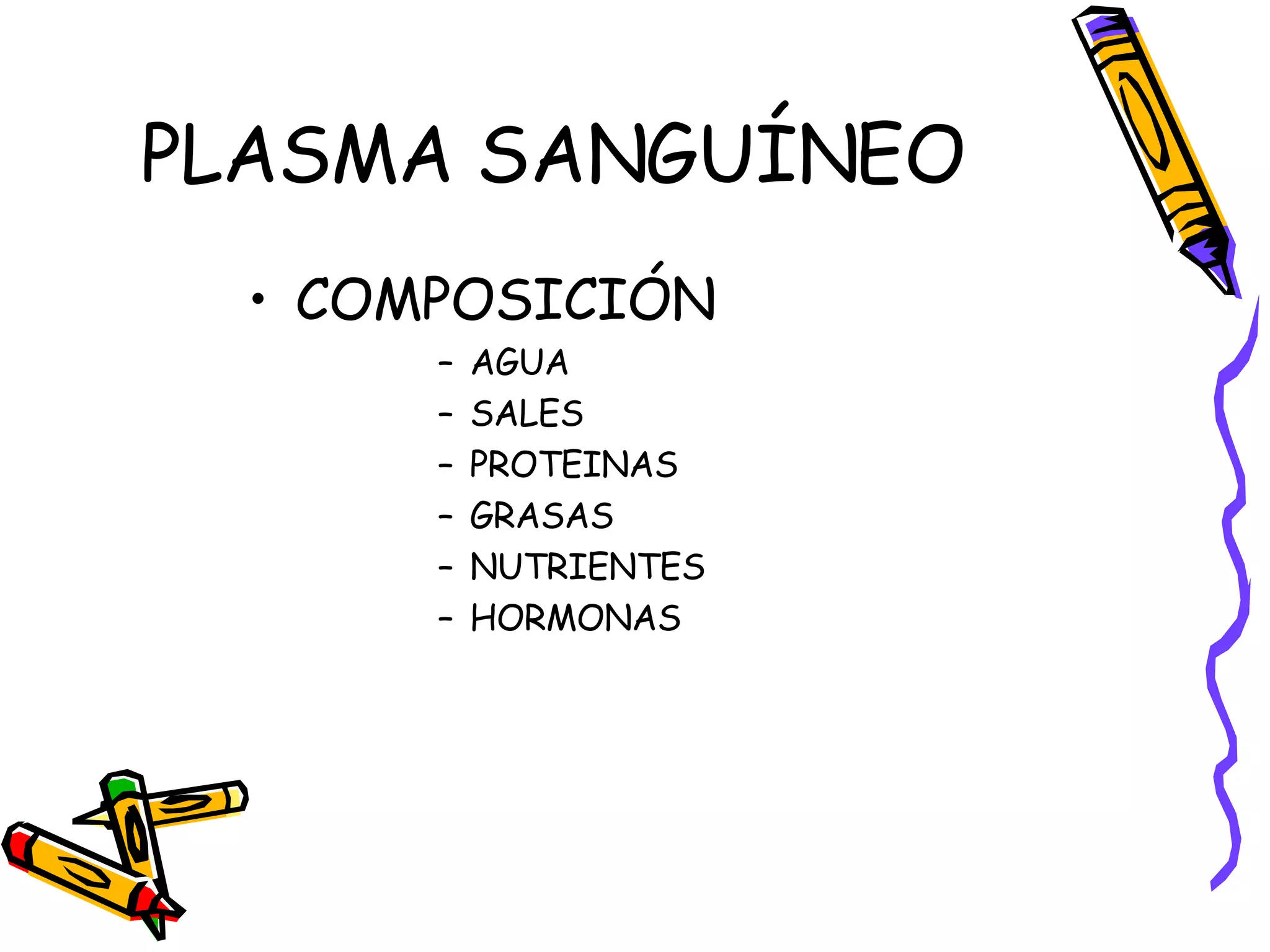 PLASMA SANGUÍNEO COMPOSICIÓN AGUA SALES PROTEINAS GRASAS NUTRIENTES HORMONAS 