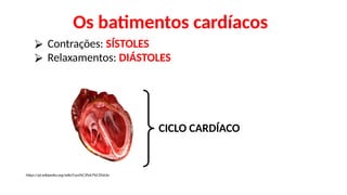 ⮚ Contrações: SÍSTOLES
⮚ Relaxamentos: DIÁSTOLES
CICLO CARDÍACO
https://pt.wikipedia.org/wiki/Cora%C3%A7%C3%A3o
Os batimentos cardíacos
 