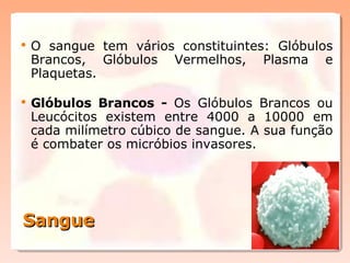Sangue O sangue tem vários constituintes: Glóbulos Brancos, Glóbulos Vermelhos, Plasma e Plaquetas. Glóbulos Brancos -  Os Glóbulos Brancos ou Leucócitos existem entre 4000 a 10000 em cada milímetro cúbico de sangue. A sua função é combater os micróbios invasores. 