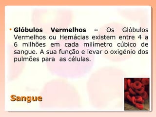 Sangue Glóbulos Vermelhos –  Os Glóbulos Vermelhos ou Hemácias existem entre 4 a 6 milhões em cada milímetro cúbico de sangue. A sua função e levar o oxigénio dos pulmões para  as células. 