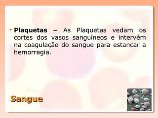 Sangue Plaquetas –  As Plaquetas vedam os cortes dos vasos sanguíneos e intervém na coagulação do sangue para estancar a hemorragia. 