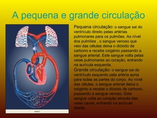 A pequena e grande circulação Pequena circulação:  o sangue sai do ventrículo direito pelas artérias pulmonares para os pulmões. Ao nível dos pulmões , o sangue venoso que veio das células deixa o dióxido de carbono e recebe oxigénio passando a sangue arterial. Este sangue volta pelas veias pulmonares ao coração, entrando na aurícula esquerda. Grande circulação:  o sangue sai do ventrículo esquerdo pela artéria aorta para todas as partes do corpo. Ao nível das células, o sangue arterial deixa o oxigénio e recebe o dióxido de carbono, passando a sangue venoso. Este sangue volta ao coração através das veias cavas, entrando na aurícula direita. 