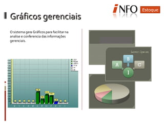 Gráficos gerenciais  O sistema gera Gráficos para facilitar na analise e conferencia das informações gerenciais. Estoque 