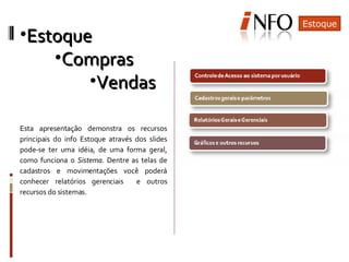 Esta apresentação demonstra os recursos principais do info Estoque através dos slides pode-se ter uma idéia, de uma forma geral, como funciona o  Sistema . Dentre as telas de cadastros e movimentações você poderá conhecer relatórios gerenciais  e outros recursos do sistemas. Estoque Estoque  Compras Vendas 