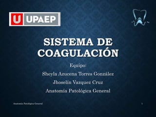SISTEMA DE
COAGULACIÓN
Equipo:
Sheyla Azucena Torres González
Jhoselín Vazquez Cruz
Anatomía Patológica General
Anatomía Patológica General 1
 