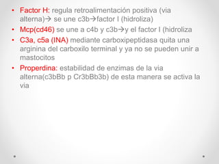 • Factor H: regula retroalimentación positiva (via
alterna) se une c3bfactor I (hidroliza)
• Mcp(cd46) se une a c4b y c3by el factor I (hidroliza
• C3a, c5a (INA) mediante carboxipeptidasa quita una
arginina del carboxilo terminal y ya no se pueden unir a
mastocitos
• Properdina: estabilidad de enzimas de la via
alterna(c3bBb p Cr3bBb3b) de esta manera se activa la
via
 
