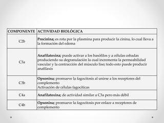 COMPONENTE ACTIVIDAD BIOLÓGICA
C2b
Procinina; es rota por la plasmina para producir la cinina, lo cual lleva a
la formación del edema
C3a
Anafilatoxina; puede activar a los basófilos y a células cebadas
produciendo su degranulación la cual incrementa la permeabilidad
vascular y la contracción del músculo liso; todo esto puede producir
anafilaxis
C3b
Opsonina; promueve la fagocitosis al unirse a los receptores del
complemento
Activación de células fagocíticas
C4a Anafilatoxina; de actividad similar a C3a pero más débil
C4b
Opsonina; promueve la fagocitosis por enlace a receptores de
complemento
 