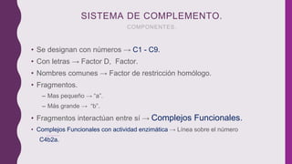 • Se designan con números → C1 - C9.
• Con letras → Factor D, Factor.
• Nombres comunes → Factor de restricción homólogo.
• Fragmentos.
– Mas pequeño → “a”.
– Más grande → “b”.
• Fragmentos interactúan entre sí → Complejos Funcionales.
• Complejos Funcionales con actividad enzimática → Línea sobre el número
C4b2a.
SISTEMA DE COMPLEMENTO.
COMPONENTES.
 