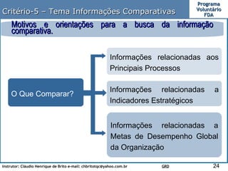 Critério-5 – Tema Informações Comparativas O Que Comparar? Informações relacionadas aos Principais Processos Informações relacionadas a Indicadores Estratégicos Informações relacionadas a Metas de Desempenho Global da Organização Motivos e orientações para a busca da informação comparativa. 