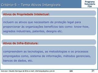 Critério-5 – Tema Ativos Intangíveis incluem os ativos que necessitam de proteção legal para proporcionar às organizações benefícios tais como: know-how, segredos industriais, patentes, designs etc. Ativos de Propriedade Intelectual:  compreendem as tecnologias, as metodologias e os processos empregados como, sistema de informação, métodos gerenciais, bancos de dados, etc. Ativos de Infra-Estrutura:  
