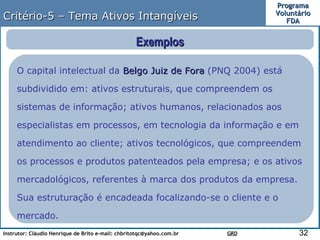 Critério-5 – Tema Ativos Intangíveis Exemplos O capital intelectual da  Belgo Juiz de Fora  (PNQ 2004) está subdividido em: ativos estruturais, que compreendem os sistemas de informação; ativos humanos, relacionados aos especialistas em processos, em tecnologia da informação e em atendimento ao cliente; ativos tecnológicos, que compreendem os processos e produtos patenteados pela empresa; e os ativos mercadológicos, referentes à marca dos produtos da empresa. Sua estruturação é encadeada focalizando-se o cliente e o mercado. 