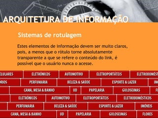 Estes elementos de informação devem ser muito claros, pois, a menos que o rótulo torne absolutamente transparente a que se refere o conteúdo do link, é possível que o usuário nunca o acesse. ARQUITETURA DE INFORMAÇÃO ARQUITETURA DE INFORMAÇÃO Sistemas de rotulagem 
