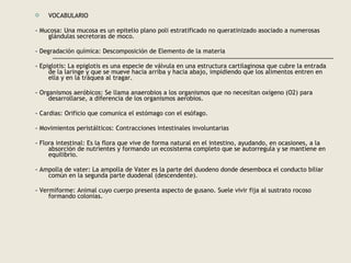  VOCABULARIO
- Mucosa: Una mucosa es un epitelio plano poli estratificado no queratinizado asociado a numerosas
glándulas secretoras de moco.
- Degradación química: Descomposición de Elemento de la materia
- Epiglotis: La epiglotis es una especie de válvula en una estructura cartilaginosa que cubre la entrada
de la laringe y que se mueve hacia arriba y hacia abajo, impidiendo que los alimentos entren en
ella y en la tráquea al tragar.
- Organismos aeróbicos: Se llama anaerobios a los organismos que no necesitan oxígeno (O2) para
desarrollarse, a diferencia de los organismos aerobios.
- Cardias: Orificio que comunica el estómago con el esófago.
- Movimientos peristálticos: Contracciones intestinales involuntarias
- Flora intestinal: Es la flora que vive de forma natural en el intestino, ayudando, en ocasiones, a la
absorción de nutrientes y formando un ecosistema completo que se autorregula y se mantiene en
equilibrio.
- Ampolla de vater: La ampolla de Vater es la parte del duodeno donde desemboca el conducto biliar
común en la segunda parte duodenal (descendente).
- Vermiforme: Animal cuyo cuerpo presenta aspecto de gusano. Suele vivir fija al sustrato rocoso
formando colonias.
 