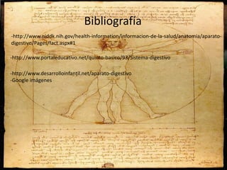 Bibliografía
-http://www.niddk.nih.gov/health-information/informacion-de-la-salud/anatomia/aparato-
digestivo/Pages/fact.aspx#1
-http://www.portaleducativo.net/quinto-basico/93/Sistema-digestivo
-http://www.desarrolloinfantil.net/aparato-digestivo
-Google imágenes
 