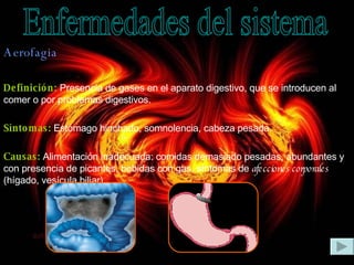 Aerofagia Definición:   Presencia de gases en el aparato digestivo, que se introducen al comer o por problemas digestivos. Síntomas:  Estómago hinchado, somnolencia, cabeza pesada. Causas:  Alimentación inadecuada: comidas demasiado pesadas, abundantes y con presencia de picantes, bebidas con gas, síntomas de  afecciones corporales  (hígado, vesícula biliar) Enfermedades del sistema 