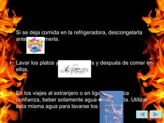 Si se deja comida en la refrigeradora, descongelarla antes de comerla. Lavar los platos y la vajilla antes y después de comer en ellos. En los viajes al extranjero o en ligares de poca confianza, beber solamente agua embotellada. Utilizar esta misma agua para lavarse los dientes.  