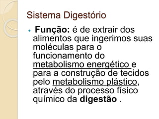 Sistema Digestório
 Função: é de extrair dos
alimentos que ingerimos suas
moléculas para o
funcionamento do
metabolismo energético e
para a construção de tecidos
pelo metabolismo plástico,
através do processo físico
químico da digestão .
 