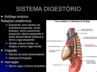 SISTEMA DIGESTÓRIO Esôfago torácico Relações anatômicas Esquerda- arco aórtico,aa. subclávia esquerda, ducto torácico, nervo recorrente esquerdo, pleura esquerda e aorta descendente torácica e nervo vago esquerdo Direita- pleura direita, vv. Ázigos e nervo vago direito Irrigação  Ramos da aorta descendente Artérias bronquiais Inervação  Nervo vago e tronco simpático 