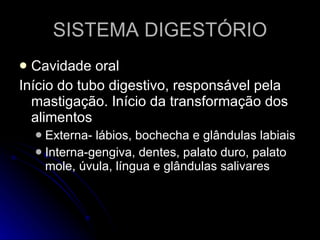 SISTEMA DIGESTÓRIO Cavidade oral Início do tubo digestivo, responsável pela mastigação. Início da transformação dos alimentos Externa- lábios, bochecha e glândulas labiais Interna-gengiva, dentes, palato duro, palato mole, úvula, língua e glândulas salivares  