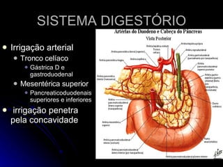 SISTEMA DIGESTÓRIO Irrigação arterial Tronco celíaco Gástrica D e gastroduodenal  Mesentérica superior Pancreaticoduodenais superiores e inferiores irrigação penetra pela concavidade 
