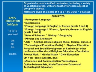 SUBJECTS * Portuguese Language  * Mathematics  * Foreign Language I / English or French (levels 3 and 4)  * Foreign Language II / French, Spanish, German or English (levels 1 and 2)  * Natural Sciences  *  History  * Geography  * Physics and Chemistry  * Arts  *  Another artistic subject ( Music, Theatre, Dance...)  * Technological Education (Crafts)  *  Physical Education  Personal and Social Development or Catholic (or other confessions) Moral and Religious Education - Facultative Project Work  *  Guided Study  * Civic Education  9th Year -same subjects, plus: Information and Communication Technologies.  Option between Arts, Music/Theatre or Dance and Technological Education. Organised around a unified curriculum, including a variety of vocational areas, with one teacher for each subject or group of subjects.  Marks are given on a scale of 1 to 5  (1 the worst  *  5 the best) BASIC  EDUCATION 3rd Cycle   13 to 15 years old 7th 8th  9th grades 