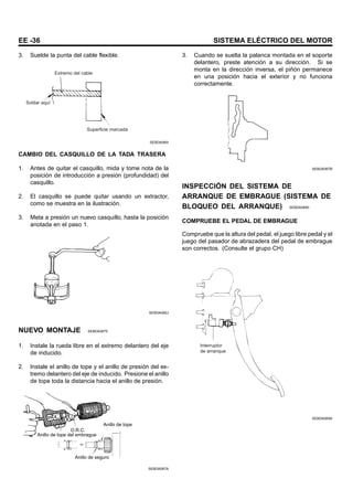 EE -36 SISTEMA ELÉCTRICO DEL MOTOR
3. Suelde la punta del cable flexible.
Extremo del cable
Soldar aquí
Superficie marcada
SEBDA065I
CAMBIO DEL CASQUILLO DE LA TADA TRASERA
1. Antes de quitar el casquillo, mida y tome nota de la
posición de introducción a presión (profundidad) del
casquillo.
2. El casquillo se puede quitar usando un extractor,
como se muestra en la ilustración.
3. Meta a presión un nuevo casquillo, hasta la posición
anotada en el paso 1.
SEBDA065J
NUEVO MONTAJE SEBDA0670
1. Instale la rueda libre en el extremo delantero del eje
de inducido.
2. Instale el anillo de tope y el anillo de presión del ex-
tremo delantero del eje de inducido. Presione el anillo
de tope toda la distancia hacia el anillo de presión.
Anillo de tope del embrague
O.R.C.
Anillo de tope
Anillo de seguro
SEBDA067A
3. Cuando se suelta la palanca montada en el soporte
delantero, preste atención a su dirección. Si se
monta en la dirección inversa, el piñón permanece
en una posición hacia el exterior y no funciona
correctamente.
SEBDA067B
INSPECCIÓN DEL SISTEMA DE
ARRANQUE DE EMBRAGUE (SISTEMA DE
BLOQUEO DEL ARRANQUE) SEBDA0690
COMPRUEBE EL PEDAL DE EMBRAGUE
Compruebe que la altura del pedal, el juego libre pedal y el
juego del pasador de abrazadera del pedal de embrague
son correctos. (Consulte el grupo CH)
Interruptor
de arranque
SEBDA069A
 