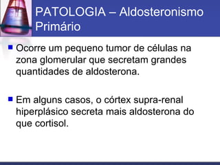 PATOLOGIA – Aldosteronismo Primário Ocorre um pequeno tumor de células na zona glomerular que secretam grandes quantidades de aldosterona.  Em alguns casos, o córtex supra-renal hiperplásico secreta mais aldosterona do que cortisol.  