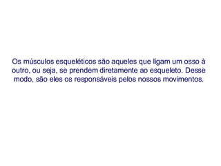 Os músculos esqueléticos são aqueles que ligam um osso à outro, ou seja, se prendem diretamente ao esqueleto. Desse modo, são eles os responsáveis pelos nossos movimentos. 