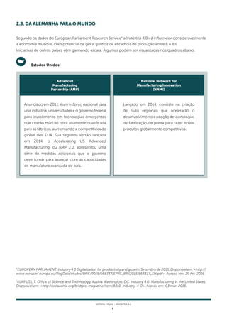 7
SISTEMA FIRJAN • indústria 4.0
Segundo os dados do European Parliament Research Service6
a Indústria 4.0 irá influenciar consideravelmente
a economia mundial, com potencial de gerar ganhos de eficiência de produção entre 6 e 8%.
Iniciativas de outros países vêm ganhando escala. Algumas podem ser visualizadas nos quadros abaixo.
Estados Unidos7
2.3. DA ALEMANHA PARA O MUNDO
6
EUROPEAN PARLIAMENT. Industry 4.0 Digitalisation for productivity and growth. Setembro de 2015. Disponível em: <http://
www.europarl.europa.eu/RegData/etudes/BRIE/2015/568337/EPRS_BRI(2015)568337_EN.pdf>. Acesso em: 29 fev. 2016.
7
KURFUSS, T. Office of Science and Technologiy Austria Washington, DC. Industry 4.0: Manufacturing in the United States.
Disponível em: <http://ostaustria.org/bridges-magazine/item/8310-industry-4-0>. Acesso em: 03 mar. 2016.
Anunciado em 2011, é um esforço nacional para
unir indústria, universidades e o governo federal
para investimento em tecnologias emergentes
que criarão mão de obra altamente qualificada
para as fábricas, aumentando a competitividade
global dos EUA. Sua segunda versão lançada
em 2014, o Accelerating US Advanced
Manufacturing, ou AMP 2.0, apresentou uma
série de medidas adicionais que o governo
deve tomar para avançar com as capacidades
de manufatura avançada do país.
Advanced
Manufacturing
Partership (AMP)
Lançado em 2014, consiste na criação
de hubs regionais que acelerarão o
desenvolvimentoeadoçãodetecnologias
de fabricação de ponta para fazer novos
produtos globalmente competitivos.
National Network for
Manufacturing Innovation
(NNMI)
 