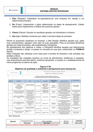 MANUAL
SISTEMA GESTÃO INTEGRADO
MSGI-001
Fernando da Cunha Edson José Berte REV-06 03/02/2020
Elaboração Aprovação Revisão Data da Rev.
ESTE DOCUMENTO, QUANDO IMPRESSO, TORNA-SE UMA CÓPIA NÃO CONTROLADA
20
1. Plan (Planejar): Estabelece as expectativas de uma empresa em relação a um
determinado processo.
2. Do (Fazer): Implementar o plano determinado na etapa de planejamento. Coletar
dados para mapeamento e análise dos próximos passos.
3. Check (Checar): Estudar os resultados gerados via indicadores e números.
4. Act (Agir): Medidas corretivas que voltam à primeira etapa do processo.
Dentre os processos existentes na empresa, a Alta Direção identifica aqueles que, pelas
suas características, agregam mais valor às suas operações. Para os principais benefícios
gerados por estes processos, são estabelecidos indicadores.
No planejamento dos objetivos e metas, a Petroperfil identifica aqueles que efetivamente
levarão a empresa a atingir o sucesso no mercado em que atua, evidenciado no FORM-43
(fig.04).
Estas medições são utilizadas como base para a tomada de decisões e são entradas nas
análises críticas.
Os resultados das medições mostram os níveis de atendimento, tendências e variações,
cujo entendimento permitirá definir, conforme apropriado, a revisão ou o estabelecimento de
novos programas ou planos de ação.
Figura nº 04
Objetivos da qualidade e ambiental e planejamento para alcança-los
Print. Tela form-43
 