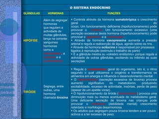 Regula o  metabolismo  geral do organismo, isto é, o ritmo segundo o qual utilizamos o oxigénio e transformamos os alimentos em energia e influencia o desenvolvimento mental. O  hipertiroidismo  (secreção excessiva de tiroxina) provoca aumento significativo do metabolismo, produzindo excitabilidade, excesso de actividade, insónias, perda de peso (apesar de um apetite voraz). O hipofuncionamento da tiróide ( hipotiroidismo ) provoca uma diminuição mais ou menos acentuada do metabolismo geral. Uma deficiente secreção de tiroxina nas crianças pode provocar o  cretinismo  (debilidade mental) crescimento retardado e morfologia desarmoniosa. Os adultos que segregam pouca tiroxina tendem a ser pouco activos e a ter excesso de peso. Segrega, entre outras, uma hormona chamada  tiroxina TIRÓIDE Controla através da hormona  somatotrópica  o crescimento geral do corpo. Um funcionamento deficiente (hipofuncionamento) pode provocar o  nanismo . Um funcionamento excessivo (uma secreção excessiva desta hormona (hiperfuncionamento) pode provocar o  gigantismo  e a  acromegalia . Através da hormona  vasopressina  aumenta a pressão arterial e regula a reabsorção de água, agindo sobre os rins. Através da hormona  ocitocina  é responsável por processos ligados à reprodução (estimula o trabalho de parto) É a glândula mestra ou «cérebro endócrino» porque regula a actividade de outras glândulas, excitando ou inibindo as suas secreções Além de segregar hormonas que regulam a actividade de muitas glândulas, lança na corrente sanguínea hormonas como a  vasopressina , a  ocitocina  e a  somatotrópica HIPÓFISE FUNÇÕES HORMONAS GLÂNDULAS O SISTEMA ENDÓCRINO 