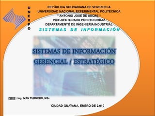 U           REPÚBLICA BOLIVARIANA DE VENEZUELA
             N      UNIVERSIDAD NACIONAL EXPERIMENTAL POLITÉCNICA
             E                 “ ANTONIO JOSÉ DE SUCRE “
             X              VICE-RECTORADO PUERTO ORDAZ
             P          DEPARTAMENTO DE INGENIERÍA INDUSTRIAL
             O       SISTEMAS             DE    INFORMACIÓN




PROF.: Ing. IVÁN TURMERO, MSc


                                CIUDAD GUAYANA, ENERO DE 2.010
 